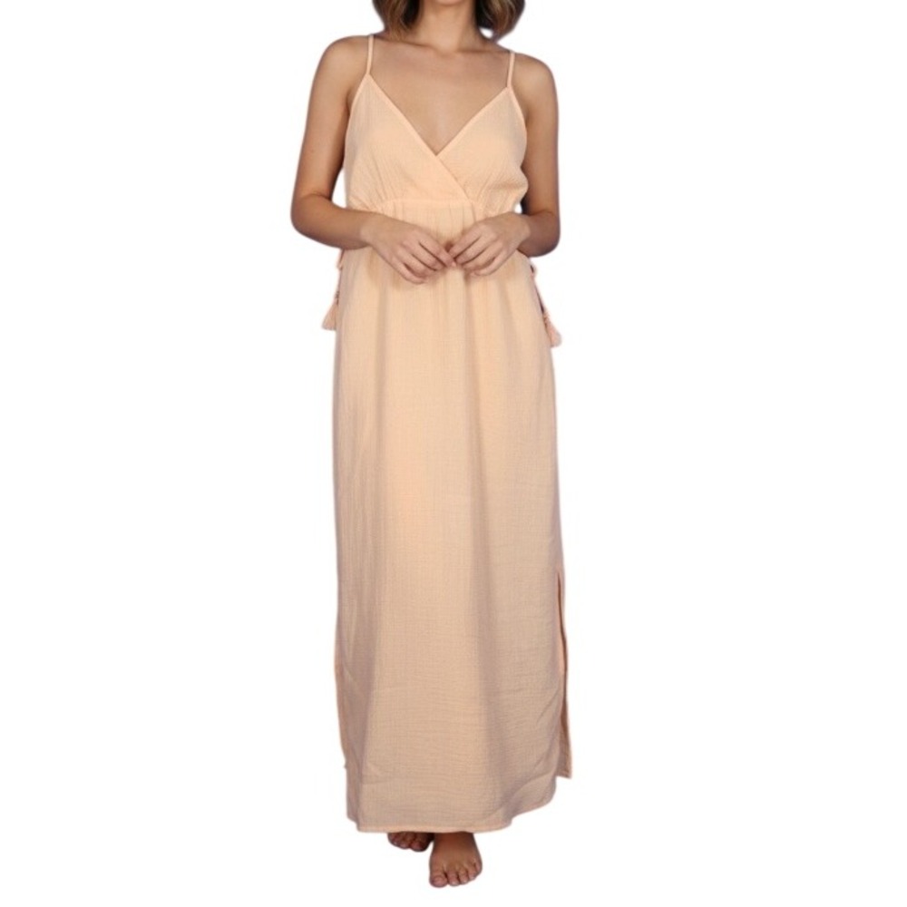 XHILARATION Peach GAUZE Gathered Waist OPEN SIDE-SLIT Swim MAXI DRESS COVER-UP L